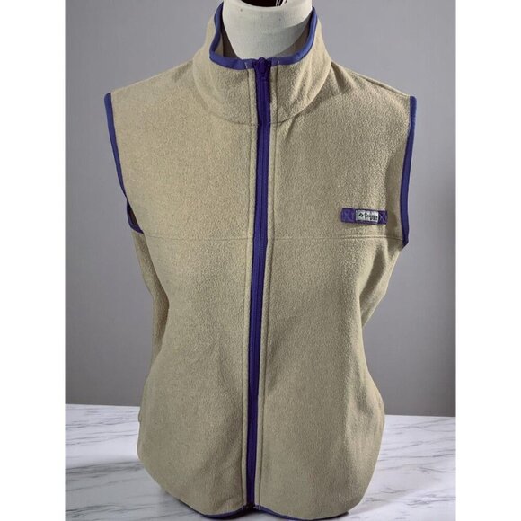 Columbia PFG Beige Fleece Vest Purple Trim Full Zip Sleeveless Jacket Size Large - Picture 2 of 9